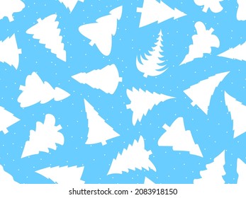 Patrón sin foco con árboles blancos de Navidad en un fondo azul para Navidad y Año Nuevo. Diseño festivo para tarjetas de felicitación, papel envolvente y banners. Ilustración del vector