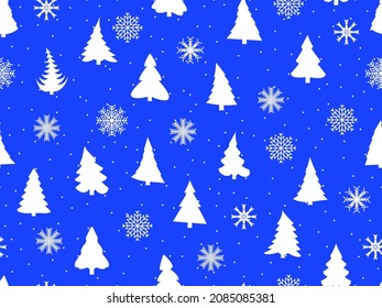 Patrón sin foco con árboles blancos de Navidad en un fondo azul para Navidad y Año Nuevo. Diseño festivo para tarjetas de felicitación, papel envolvente y banners. Ilustración del vector