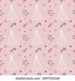 Seamless pattern with white Christmas trees, stars and gingerbread cookies on pink background. For festive design, layouts, banners, wallpaper, background, packaging, greetings, textiles, fabrics