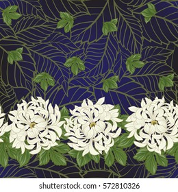 Seamless pattern with white chrysanthemum in Japanese style. Vector stock illustration.
