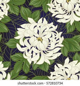 Seamless pattern with white chrysanthemum in Japanese style. Vector stock illustration.
