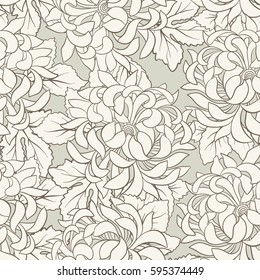Seamless pattern with white chrysanthemum in Japanese style. Vector stock illustration.