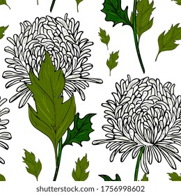 seamless pattern with white chrysanthemums. Floral background with bright autumn flowers. Hand drawing. Design for packaging, fabric, wrappers.