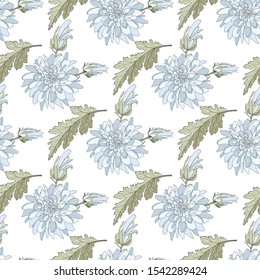 Seamless pattern with white chrysanthemums and leaves. Endless texture for design. Vector background with chrysanthemums and floral elements for your greeting cards, fabric design, wedding.