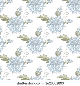 Seamless pattern with white chrysanthemums and leaves. Endless texture for design. Vector background with chrysanthemums and floral elements for your greeting cards, fabric design, wedding.