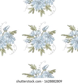 Seamless pattern with white chrysanthemums and leaves. Endless texture for design. Vector background with chrysanthemums and floral elements for your greeting cards, fabric design, wedding.