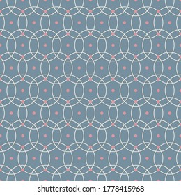 Seamless pattern with white circle and pink dot tiles on green gray background. Art Deco style vector illustration for all prints.