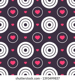 Seamless pattern with white circles and pink hearts