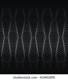 A seamless pattern of white circular lines is abstract geometric ornament on black background.