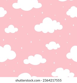 Seamless pattern with white cloud on pink background. Hand drawn vector illustration. Texture for print.