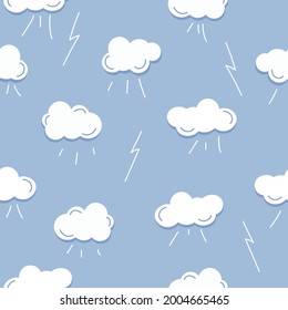 Seamless pattern with white cloud, rain, thunderstorm on blue background