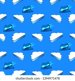 Seamless Pattern with White Clouds and Futuristic Airplanes or Space Shuttles on Blue Neon Glowing Gradient Background. Smart Technology Abstract Ornament, Pattern. 3D Isometric Vector Illustration