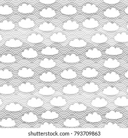 Seamless pattern white clouds and grey japanese wave background. Vector