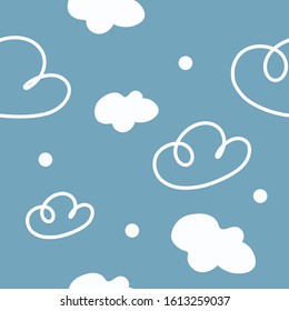 Seamless pattern with white clouds on the blue background. Unique clouds illustration. Vector background for children clothes, notebooks, postcards, wallpaper, diaries, banner etc. 
