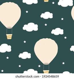 Seamless pattern with white clouds and pink balloons on a green sky background. For printing on fabrics, textiles, paper, bedding. Vector graphics.