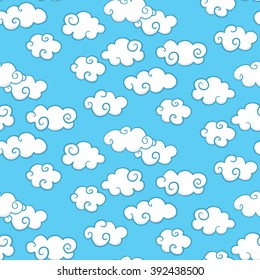 Seamless pattern with white clouds in sky. Vector illustration