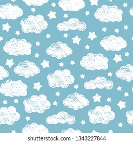 Seamless pattern with white clouds and stars