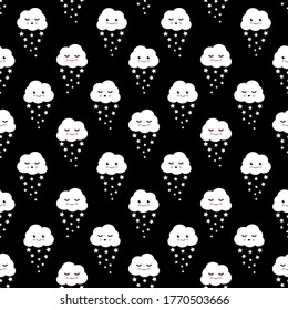 Seamless pattern with white clouds and stars on black background