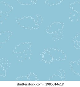 Seamless pattern with white clouds, sun and moon, rain and snow on blue background. Hand drawn contour sketch. Background for poster, cover booklet, banner, surface design.