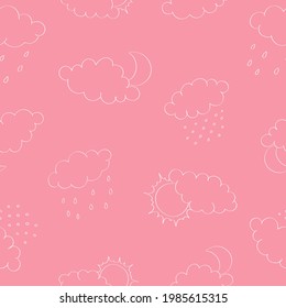 Seamless pattern with white clouds, sun and moon, rain and snow on pink background. Hand drawn contour sketch. Background for poster, cover booklet, banner, surface design.