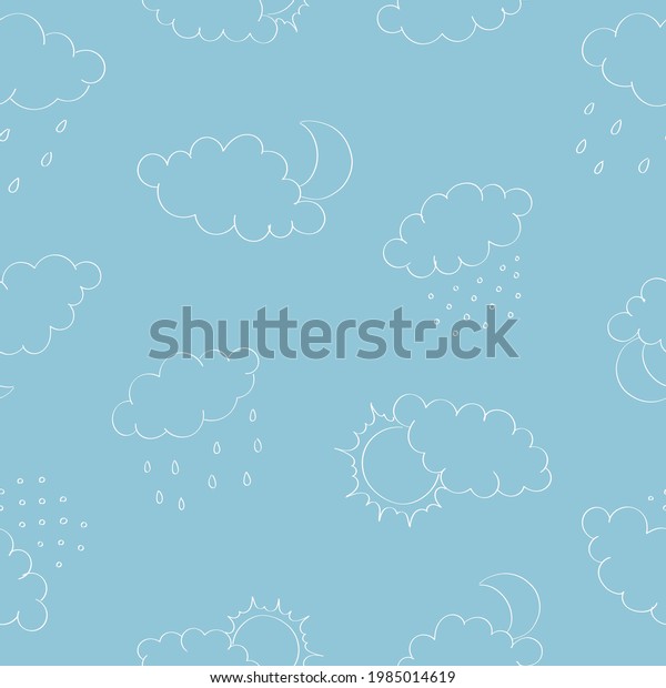 Seamless pattern with\
white clouds, sun and moon, rain and snow on blue background. Hand\
drawn contour sketch. Background for poster, cover booklet, banner,\
surface design.