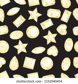 Seamless pattern with white colorful gem stones on black background. Jewels pattern.