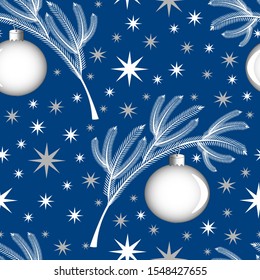 Seamless pattern White coniferous Christmas-tree branch on a blue background with a Christmas-tree toy in the form of a ball with the image of the moon. Starry sky on the background.  