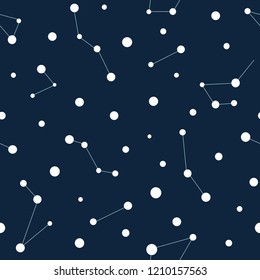 Seamless pattern with white constellations and dots on dark blue background. Vector illustration. Night sky, universe, space. Galaxy  background.  Cosmos texture for paper, wrapping and fabric.