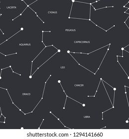 Seamless pattern with white constellations on graphite grey background. Vector illustration. Night sky, universe, space. Galaxy background. Cosmos texture for paper, wrapping and fabric.
