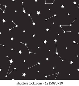 Seamless pattern with white constellations and  stars on black background. Vector illustration. Night sky, universe, space. Galaxy  background.  Cosmos texture for paper, wrapping and fabric.