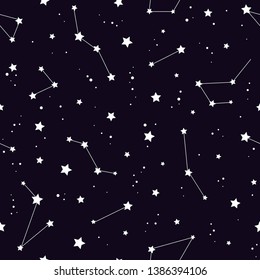 Seamless pattern with white constellations and  stars on black background. Vector illustration. Night sky, universe, space. Galaxy  background.  Cosmos texture for paper, wrapping and fabric.