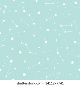 Seamless pattern with white constellations and  stars on powder blue background. Vector illustration. Night sky, universe, space. Galaxy  background.  Cosmos texture for paper, wrapping and fabric.
