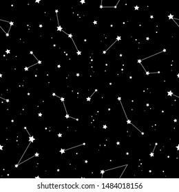 Seamless pattern with white constellations and  stars on black background. Vector illustration. Night sky, universe, space. Galaxy  background.  Cosmos texture for paper, wrapping and fabric.