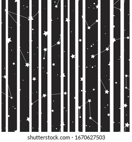 Seamless pattern with white constellations and  stars on black stripy background. Vector illustration. Night sky, universe, space. Galaxy  background.  Cosmos texture for paper, wrapping and fabric.