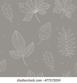 Seamless pattern with white contour autumn leaves. Vector illustration.