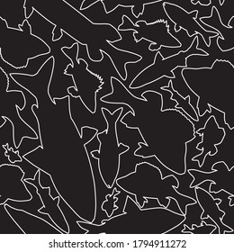 Seamless pattern from the white contour of different fish on a black background.