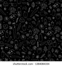 Seamless pattern with white contour doodles of different vegetables on black background. Black and white endless texture with healthy food for your design