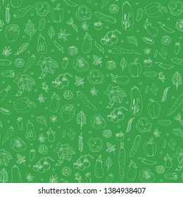 Seamless pattern with white contour doodles of different vegetables on green background. Endless texture with healthy food elements for your design