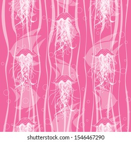 Seamless pattern. White contour fish and jellyfish on pink backround. Vector graphic illustration.