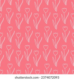 Flores de contorno blanco sin foco tulipanes sobre un fondo rosado, línea continua. Ilustración vectorial de Doodle para embalaje, textil, papel tapizado