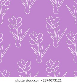 Flores de contorno blanco sin foco se cruzan sobre un fondo lila, línea continua. Ilustración vectorial de Doodle para embalaje, textil, papel tapizado