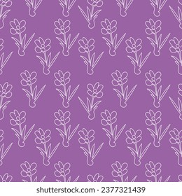 Nahtlose Muster, weiße Konturen Blumen Crocuses auf violettem Hintergrund, durchgehende Linie. Doodle Vektorgrafik für Verpackungen, Textilien, Tapeten