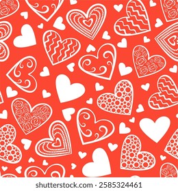 Seamless pattern with white contour hearts. Romantic red background. Happy Valentines day vector illustration. Design for web, wrapping, wallpaper, cover, textile print