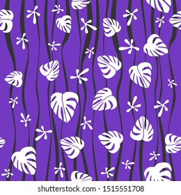 Seamless pattern. White contour leaves on violet backround. Vector graphic illustration.