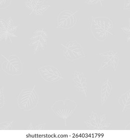 Seamless pattern with white contour leaves on gray background - leaf of maple, linden, aspen, ginkgo, and others. Print for textile, package, and paper. Vector illustration, line art style