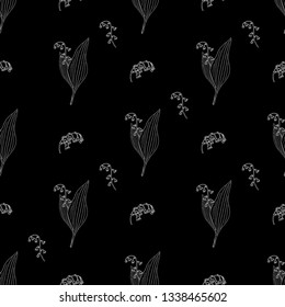 Seamless pattern with white contour of lily-of-the-valley flowers on black background. Endless texture with floral elements for festive design
