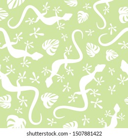 Seamless pattern. White contour lizzards on green backround. Vector graphic illustration.