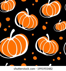 Seamless pattern with white contour pumpkins on an orange background. Pattern for thanksgiving, halloween, gift wrapping, restaurant, cafe, kitchen