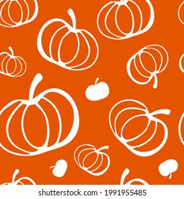 Seamless pattern with white contour pumpkins on an orange background. Pattern for thanksgiving, halloween, gift wrapping, restaurant, cafe, kitchen