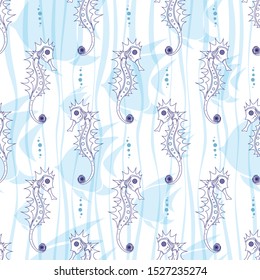 Seamless pattern. White contour seahorse, blue fish, waves and bubbles on white backround. Vector illustration.